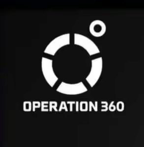 A white circular logo with a small detached segment on a black background. Below, the text reads 'Operation 360' in bold white letters.