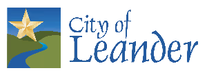 Logo for the City of Leander features a star above rolling hills and a river, with 'City of Leander' written in blue text on a black background.