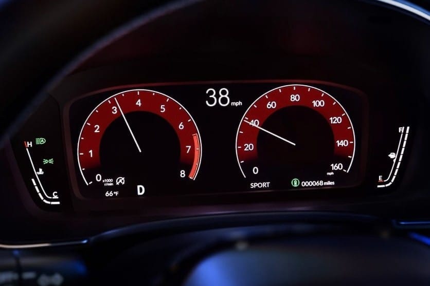 Interior view of a 2025 Honda Accord Hybrid showcasing a modern dashboard, touchscreen display, steering wheel, and leather seats.