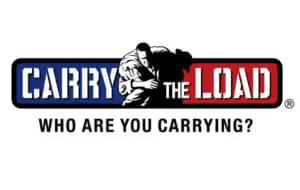 Logo with text 'Carry the Load' split in red and blue, featuring a silhouette of a person carrying another. Below, the question 'Who Are You Carrying?' appears.