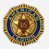 American Legion emblem: a circular badge with a central gold star and 'US' in the middle, surrounded by blue with 'American Legion' in gold letters.