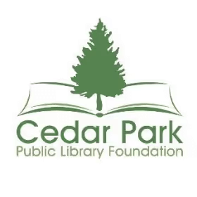 Green tree silhouette atop an open book with text below: 'Cedar Park Public Library Foundation.' Simple, educational, and community-focused design.