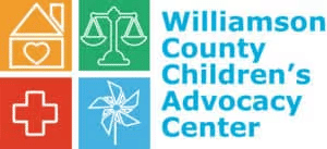 Four colorful icons - a house, scales, cross, and pinwheel - are next to the text 'Williamson County Children's Advocacy Center' in blue.