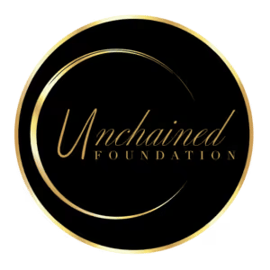 Black background with a shimmering gold circle framing the text 'Unchained Foundation' in elegant script. The tone is sleek and sophisticated.