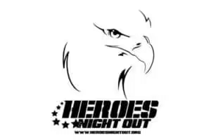 Stylized eagle head logo above bold text 'Heroes Night Out' with stars, conveying strength and patriotism. Website link below in smaller print.