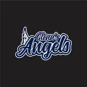 Logo with cursive text 'Glenn's Angels' in blue with a white outline. A small angel wing is attached to the 'G' on a black background.