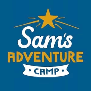 Blue logo for 'Sam's Adventure Camp' with a yellow star above the text. The playful font and star convey excitement and fun.