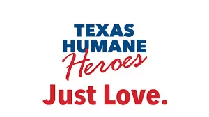 Blue and red text logo for Texas Humane Heroes reads: 'Texas Humane Heroes Just Love.' The tone is caring and supportive.