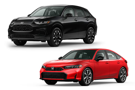 A black 2027 HR-V with a red 2026 Civic Hatchback on a white background.