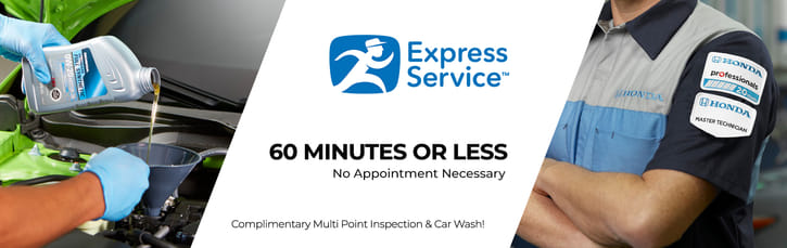Service technician adding oil to engine, black text on right 60 minutes or less, express service logo on white background