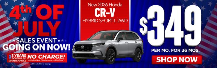 New 2026 Honda CR-V Hybrid Sport-L 2WD	"$349 a month for 36 Months* PLUS 3 YEARS SCHEDULE MAINTENANCE NO CHARGE! With Any New Honda Lease or Purchase+ Exclusively at Honda Mall of Georgia**     "