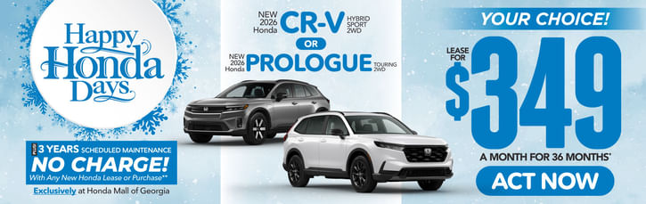 New 2026 Honda CR-V Hybrid Sport 2WD or New 2026 Honda Prologue Touring 2WD Lease For: $349/mo, 36 months* 