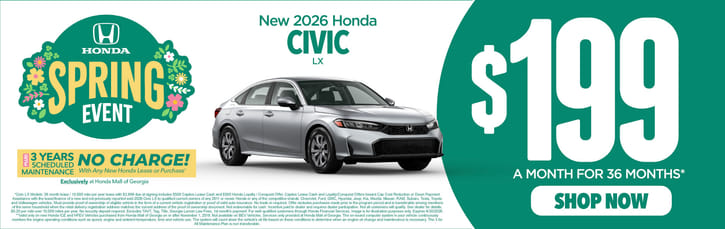 New 2026 Honda Civic LX	"$199 A MONTH FOR 36 MONTHS*  PLUS 3 YEARS SCHEDULE MAINTENANCE NO CHARGE! With Any New Honda Lease or Purchase Exclusively at Honda Mall of Georgia          "