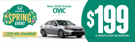 New 2026 Honda Civic LX	"$199 A MONTH FOR 36 MONTHS*  PLUS 3 YEARS SCHEDULE MAINTENANCE NO CHARGE! With Any New Honda Lease or Purchase Exclusively at Honda Mall of Georgia          "