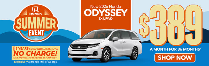 New 2026 Honda Odyssey EX-L FWD	"$389 a month for 36 months* PLUS 3 YEARS SCHEDULED MAINTENANCE NO CHARGE! With Any New Honda Lease or Purchase+ Exclusively at Honda Mall of Georgia**       "
