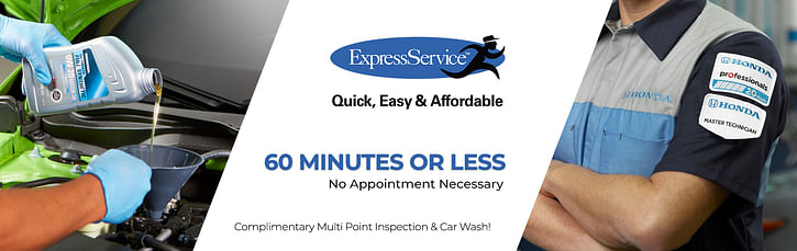 Service technician adding oil to engine, black text on right 60 minutes or less, express service logo, quick, easy & affordable  on white background