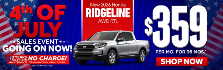 New 2026 Honda Ridgeline AWD RTL	"$359 a month for 36 Months* PLUS 3 YEARS SCHEDULE MAINTENANCE NO CHARGE! With Any New Honda Lease or Purchase+ Exclusively at Honda Mall of Georgia**        "