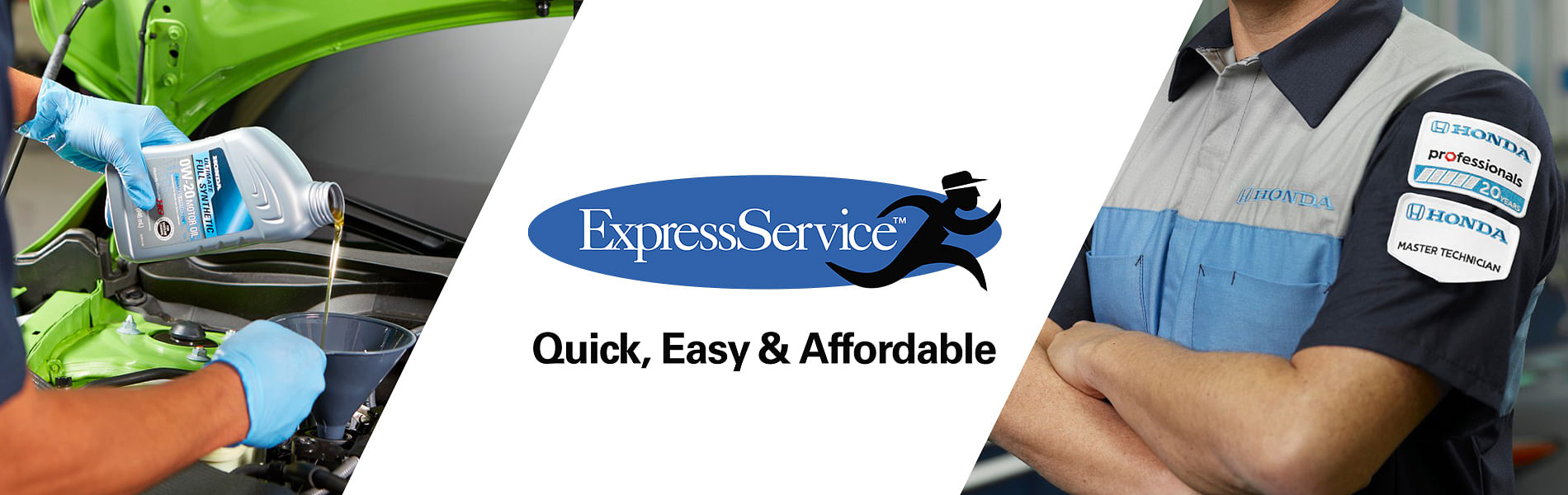 On the left, a man is pouring oil into a car engine, in the center is a logo with the text 'Express Service - Quick, Easy, Affordable,' and on the right, a mechanic stands ready to assist.