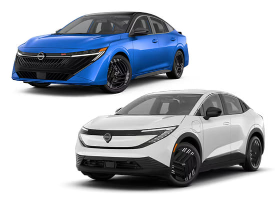 A blue 2026 Sentra with a white 2026 LEAF on a white background.