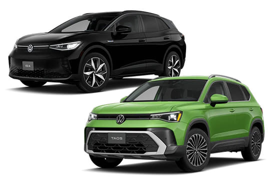 A green 2026 Taos and a black 2026 ID.4 on a white background.