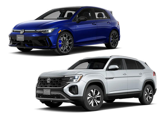 A white 2026 Atlas Cross with a blue 2026 Golf R on a white background.