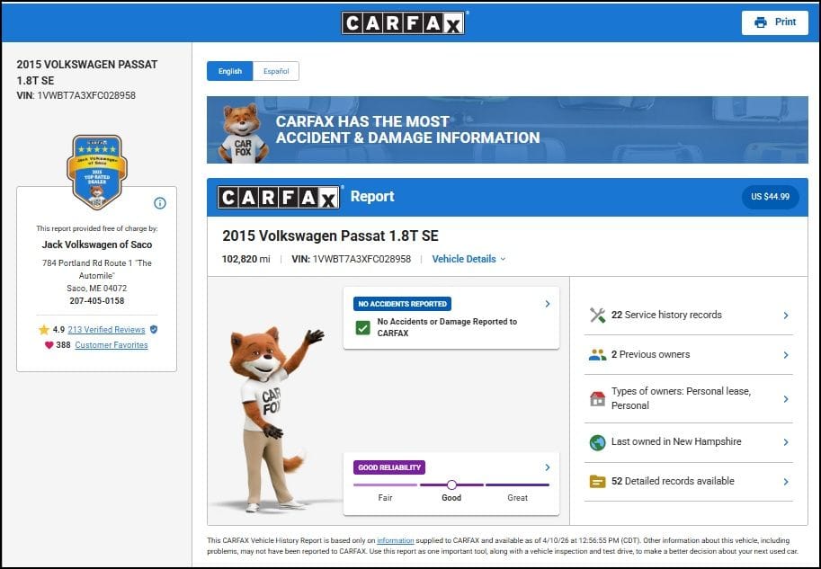 Used 2015 Volkswagen Passat SE with VIN 1VWBT7A3XFC028958 for sale in Saco, ME