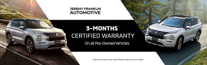 3 months certified warranty on used vehicles, two silver Mitsubishi suv driving through the woods