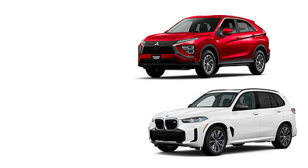 A white BMW X5 and a red Mitsubishi Eclipse Cross on a white background.