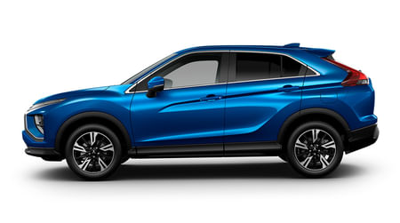 Driver side view of a blue Eclipse Cross on a white background.