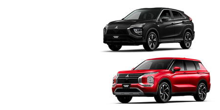 A black Eclipse Cross and a red Outlander PHEV on a white background.