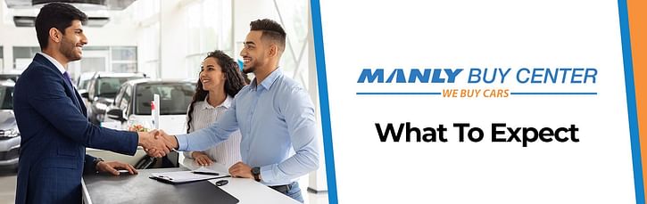 On the left consultant shaking hands with customers in background of car, on the right logo manly buy center and below black text what to expect on white background