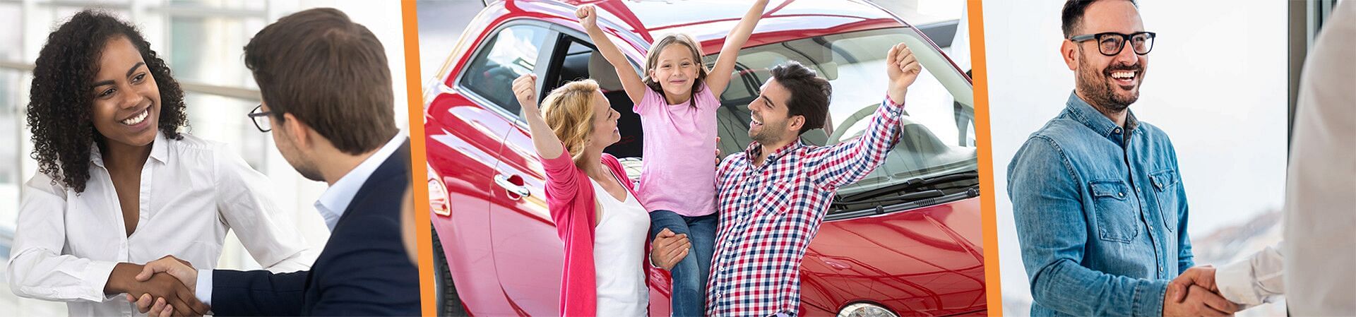 On the right, a woman in a white shirt shakes hands with a man in a suit; on the left, a smiling man with glasses shakes hands with a person in a white shirt; in the middle, a family against a background of a red car