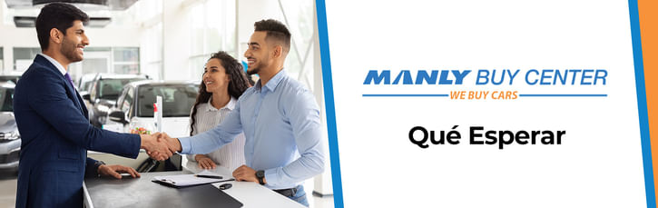 A la izquierda consultor dando la mano a los clientes en el fondo del coche, a la derecha logotipo varonil comprar centro y por debajo de texto negro qué esperar sobre fondo blanco