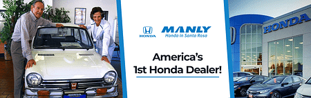 Splited Image. Left side: owners posing with a vintage car. On center: logo Manly Honda. Right side: photo of dealership