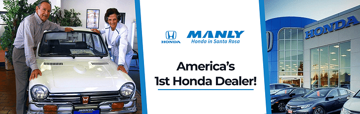 Splited Image. Left side: owners posing with a vintage car. On center: logo Manly Honda. Right side: photo of dealership