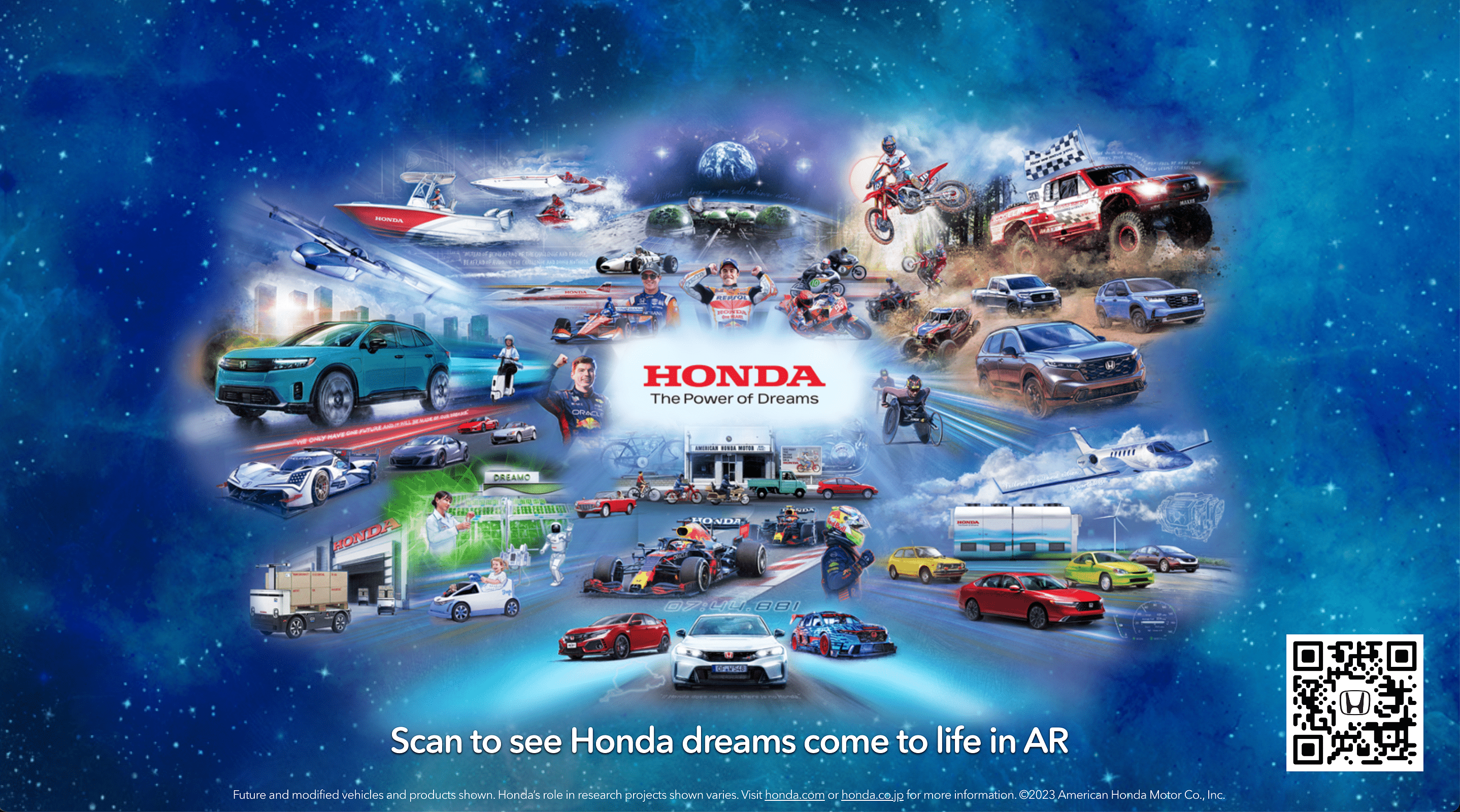 Starry sky with qr code and Honda cars in the middle