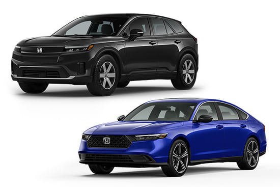  A blue 2025 Accord Hybrid with a black 2025 Prologue on a white background.