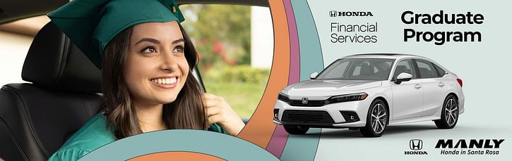 A woman in her graduation gown smiling in her car with a white Honda Civic located on the image.