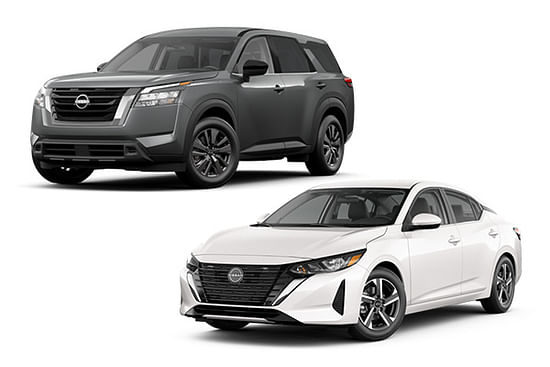 A gray Pathfinder and a white Sentra on a white background.