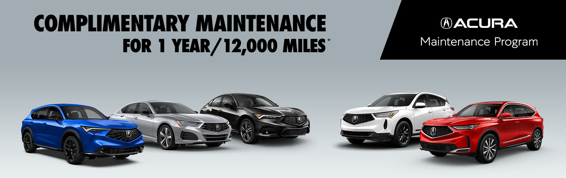 Five Acura cars on grey background.