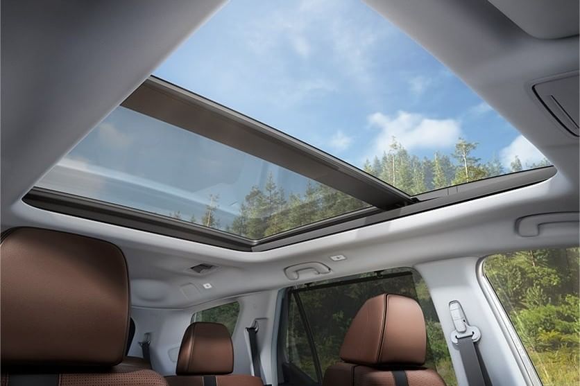 Vista interior de un Honda Pilot 2025 con techo panorámico, mostrando asientos de cuero marrón y un cielo azul despejado con árboles verdes en el exterior.