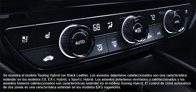 Se muestra el modelo Touring Hybrid con Black Leather. Los asientos delateros calefaccionados son una caracteristica esandar en los modelos EX,EX-L Hybrid, y Sport-L Hybrid. Los asientos delanteros ventilados y calefaccionados y los de dos zonas es una caracteristica estandar en los modelos EX y superiores