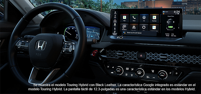 Se muestra el modelo Touring Hybrid con Black Leather. La caracteristica Google integrado es estandar en el modelo Touring Hybrid. La Pantalla tactil de 12.3-pulgadas es una caracteristica estandar en los modelos Hybrid