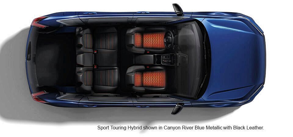 A Canyon River Blue Metallic 2023 Honda Sport Touring Hybrid interior with Black Leather from a bird's eye view