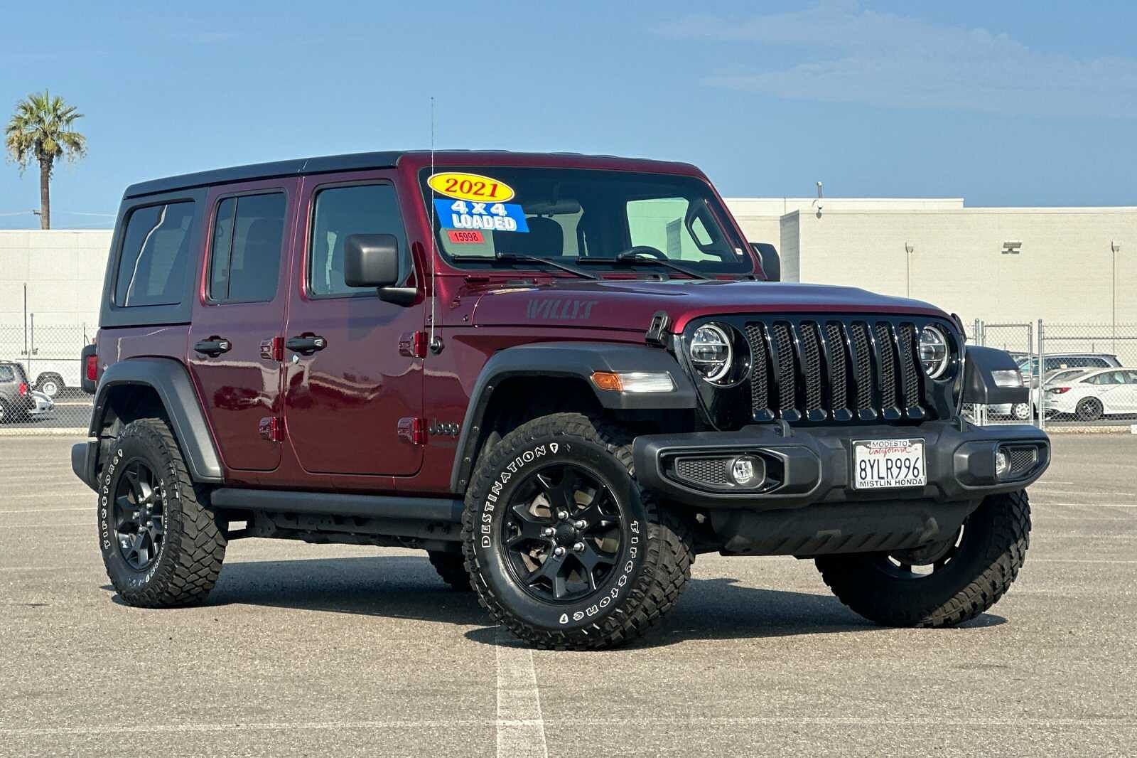 Used 2021 Jeep Wrangler Unlimited Willys with VIN 1C4HJXDN4MW779310 for sale in Modesto, CA