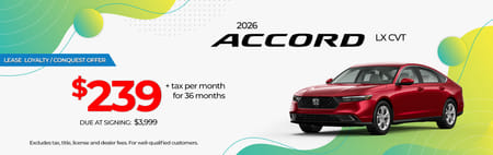 Lease Loyalty/Conquest 2026 Honda Accord LX $239