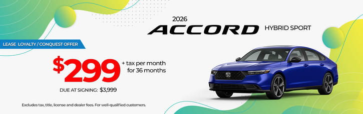 Lease Loyalty/Conquest 2026 Honda Accord Hybrid Sport $299