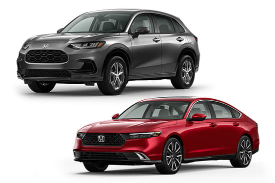 A red 2025 Accord Hybrid with a gray 2025 HR-V on a white background.