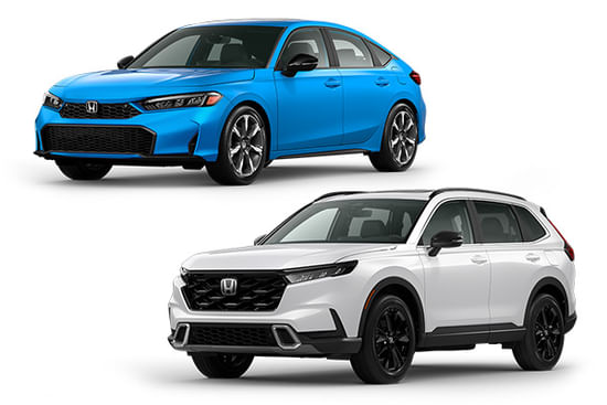 A blue 2025 Civic HB with a white CR-V on a white background.