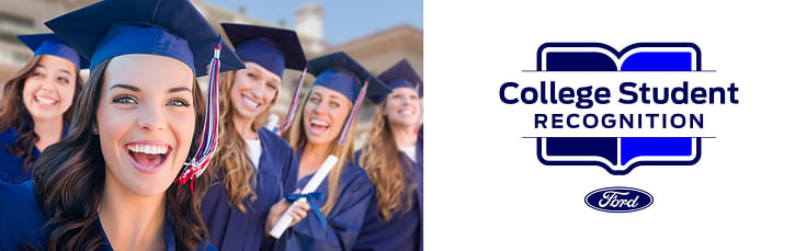 On the left, a group of smiling women in black togas, on the right black text College Student Recognition on the white background